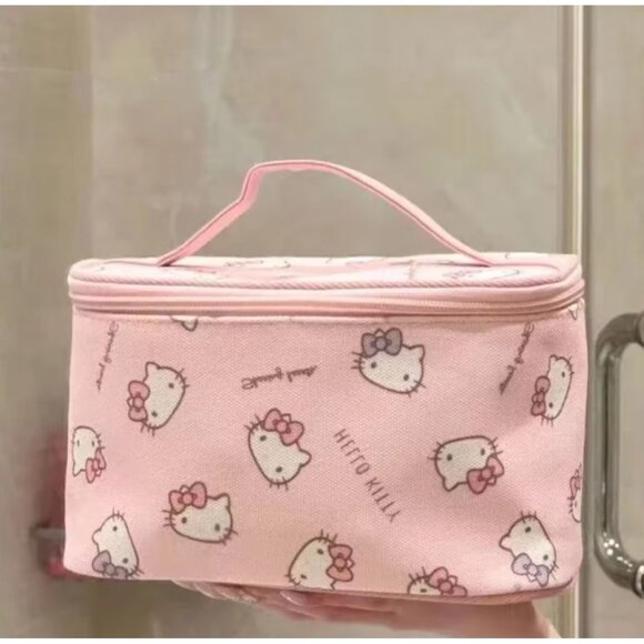 Hello Kitty Pink Makeup Bag Cosmetic Organizer w/ Handle, Travel Storage Case - Picture 2 of 3